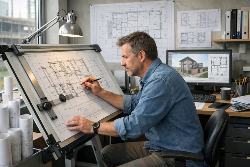 Bouwkundig tekenaar werkt een bouwtekening uit op kantoor