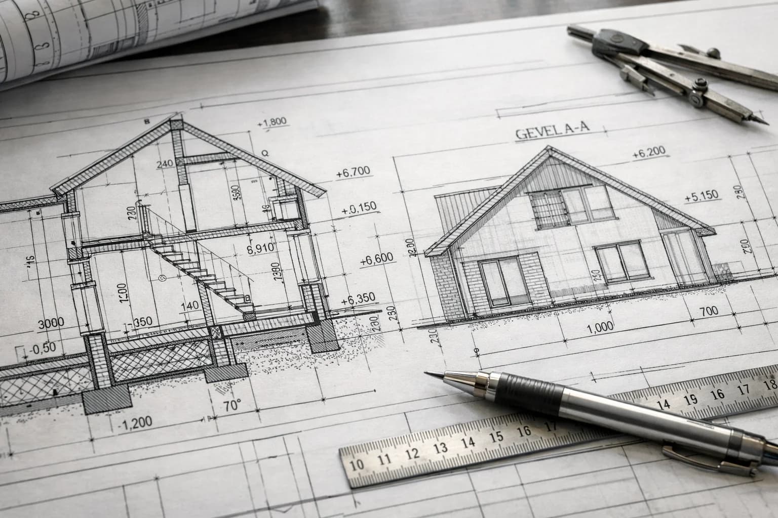Gedetailleerde bouwkundige tekening met aanzichten en doorsneden