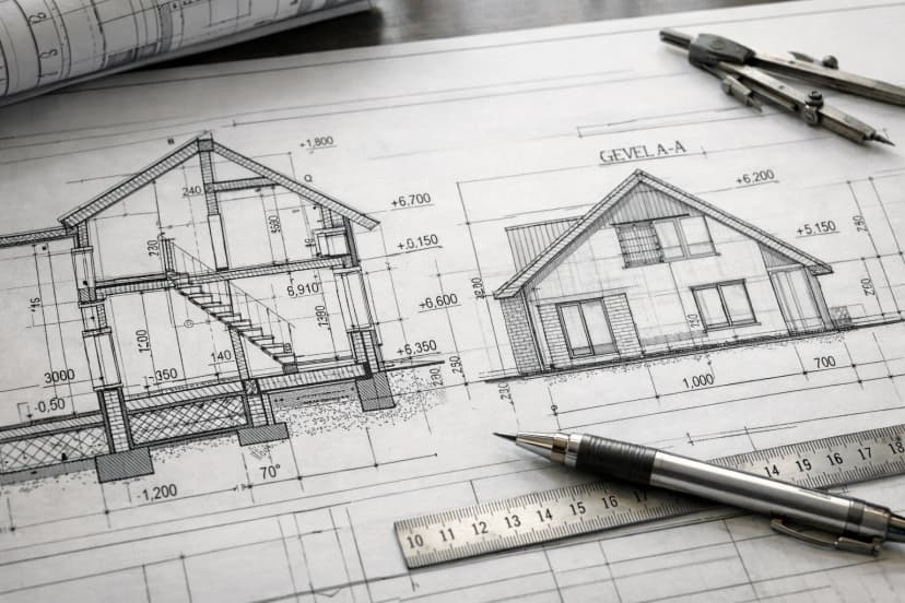 Gedetailleerde bouwkundige tekening met aanzichten en doorsneden