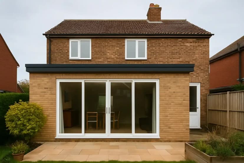 Uitbouw aan de achterkant van een woning met tuin