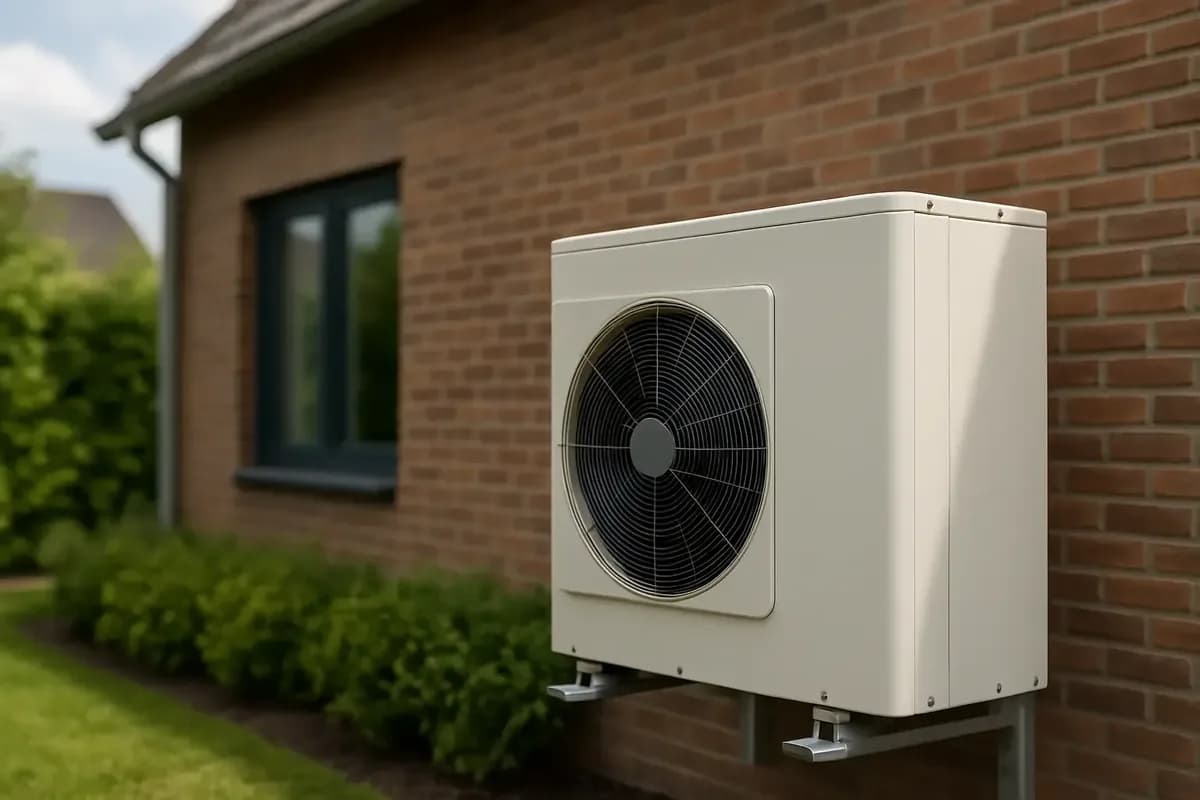 Buitenunit van een warmtepomp in een tuin