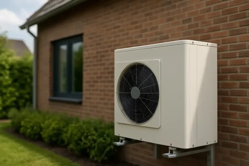 Buitenunit van een warmtepomp in een tuin