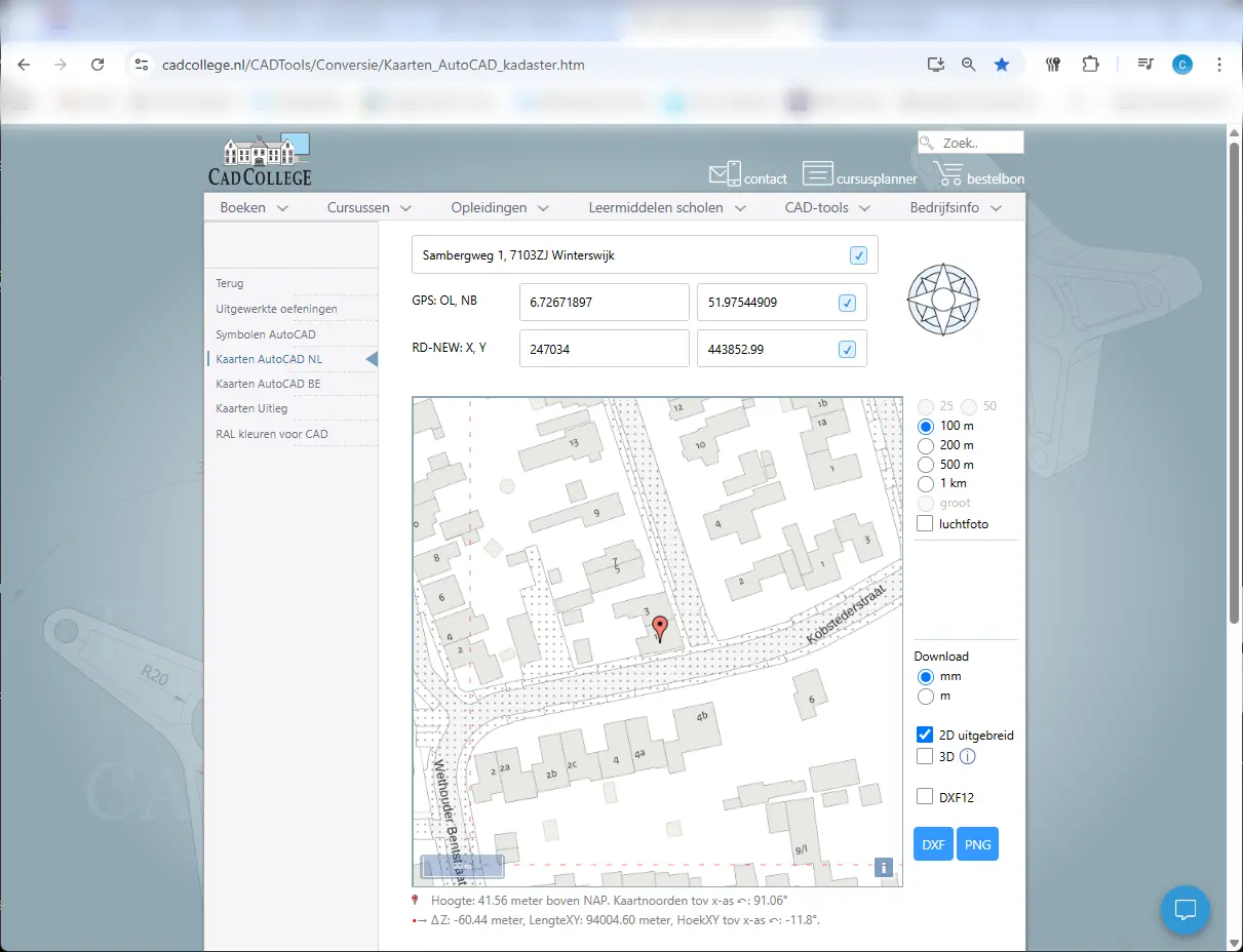 De kaartentool van CADCollege waarmee je de kadastrale kaart als DXF-bestand downloadt