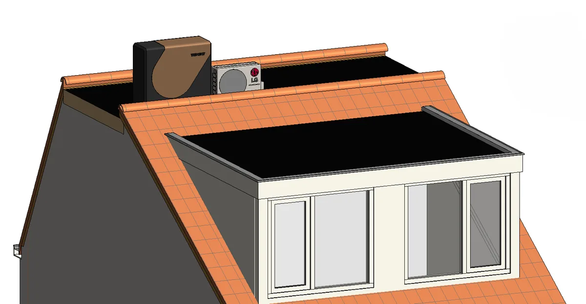 3D-render van warmtepomp- en airco-units op het dak van een woning